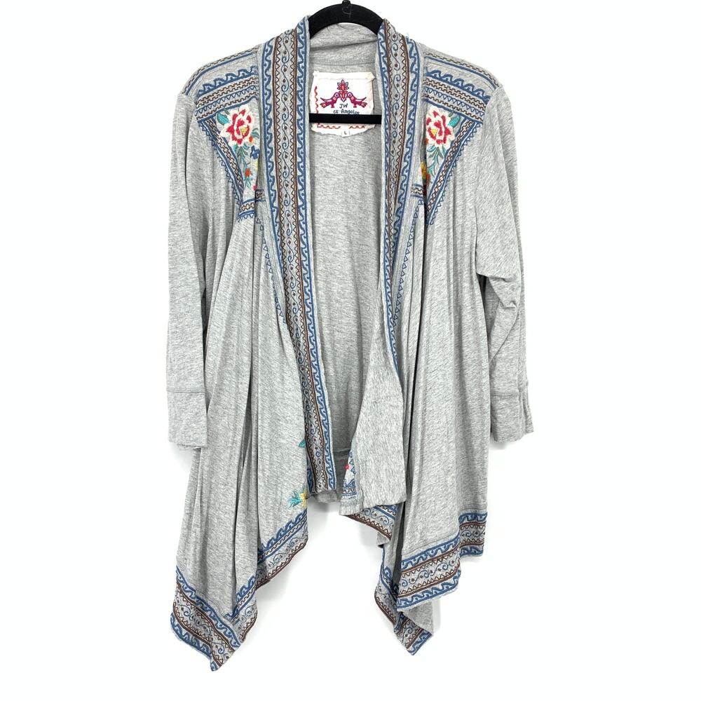 Johnny Was Joy Love Light Cardigan Womens L Gray Embroidered Draped Open Front
